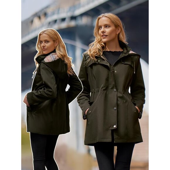 Women's Army Green Waterproof Long Raincoat Outdoor Windbreaker Jacket with Hood - Picture 4 of 7